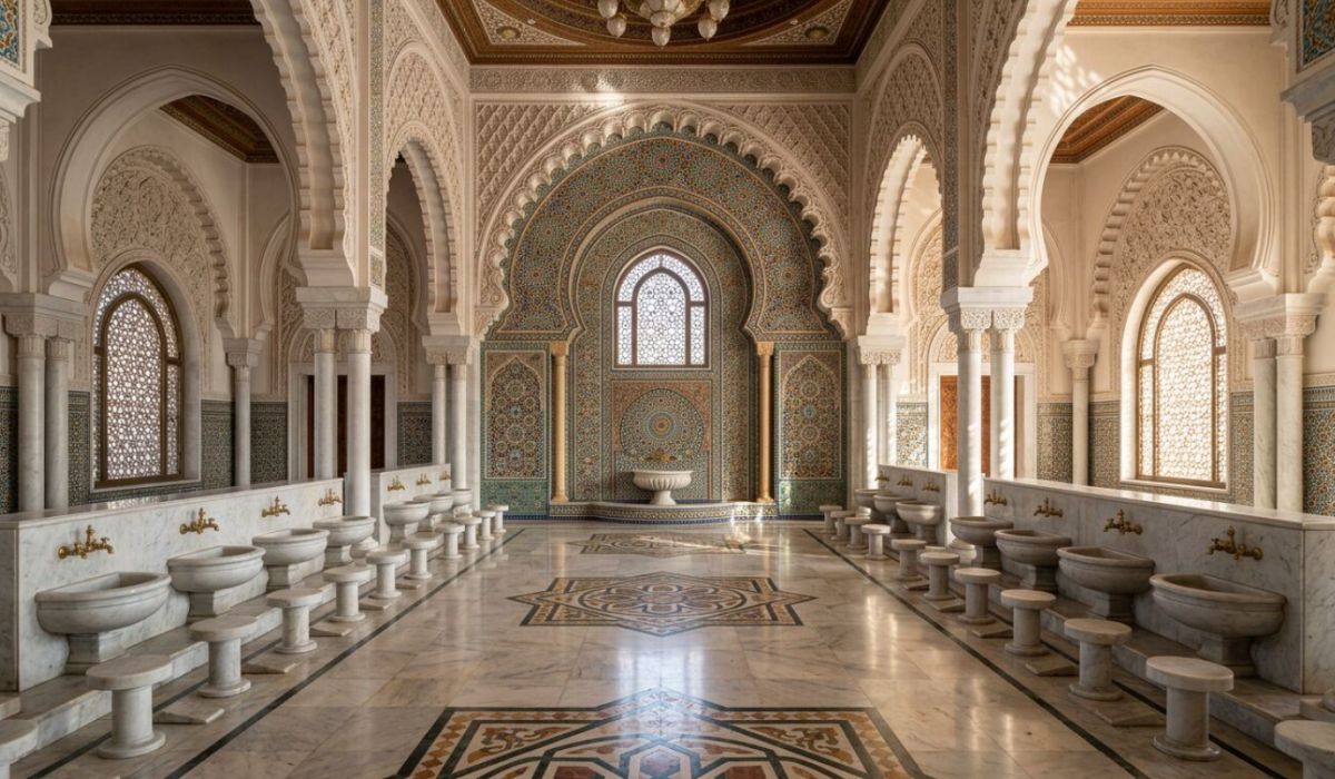 Explorez la salle des ablutions de la mosquée Hassan II, un lieu symbolique alliant architecture grandiose et tradition spirituelle au cœur de Casablanca